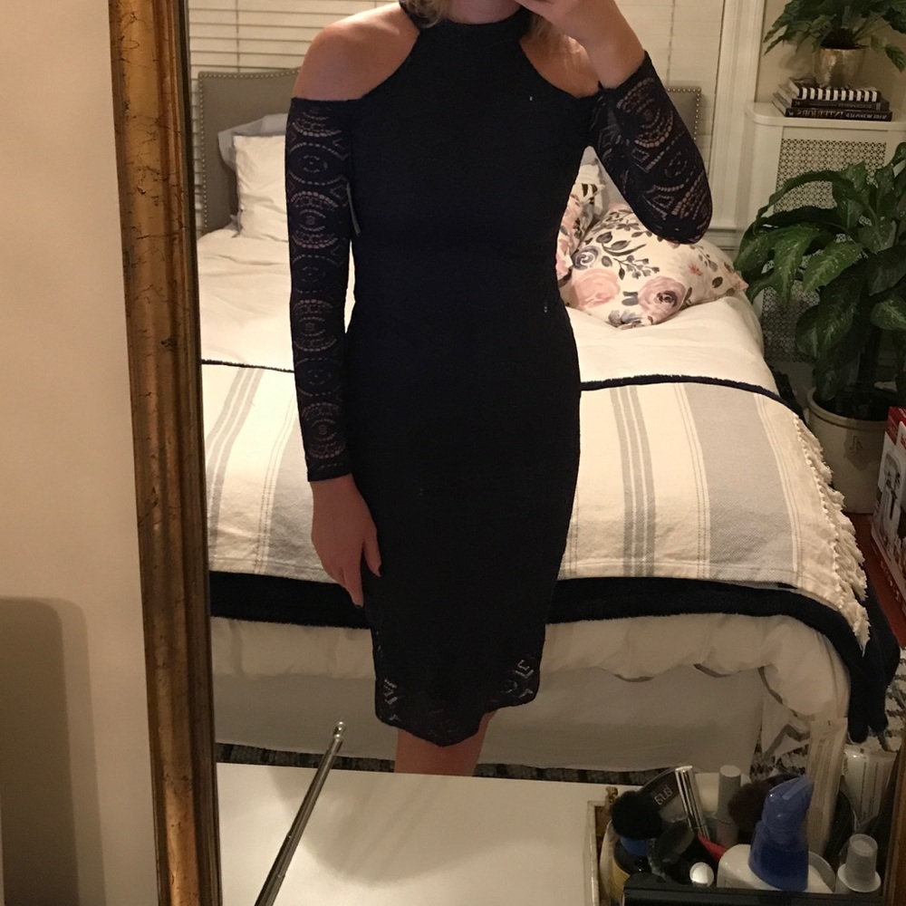 Navy blue lace cold shoulder dress